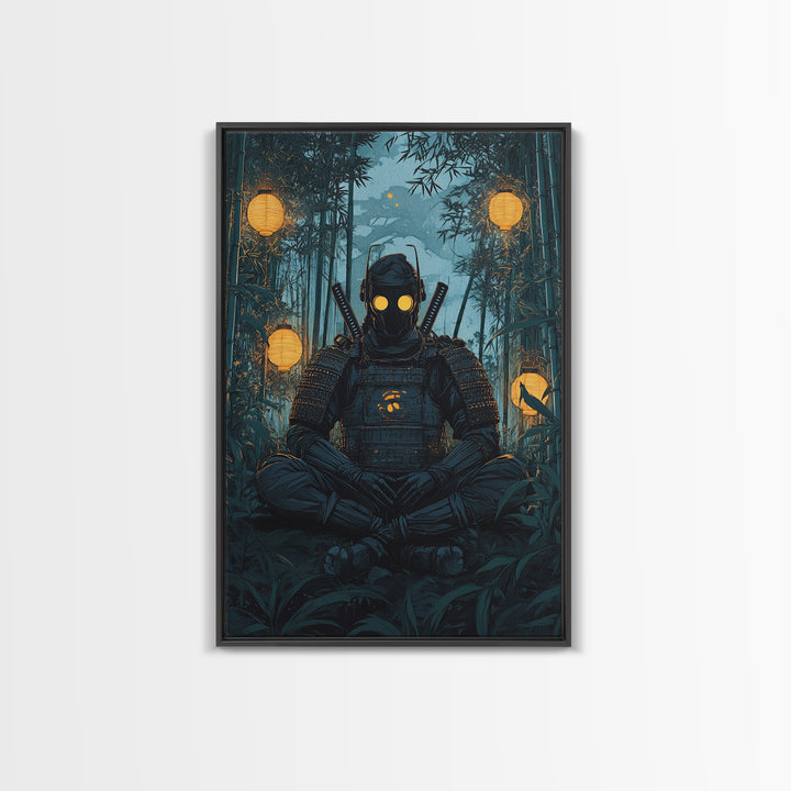 Masked Samurai Meditating In Bamboo Forest Framed Canvas Print, Dark Japanese Wall Art, Zen Warrior Decor, Gift For Him, Man Cave