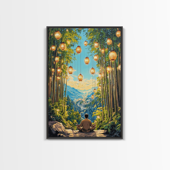 Lantern Lit Bamboo Meditation Mountain Wall Art, Japanese Zen Decor, Spiritual Nature Print, Calming Office Living Room Decor