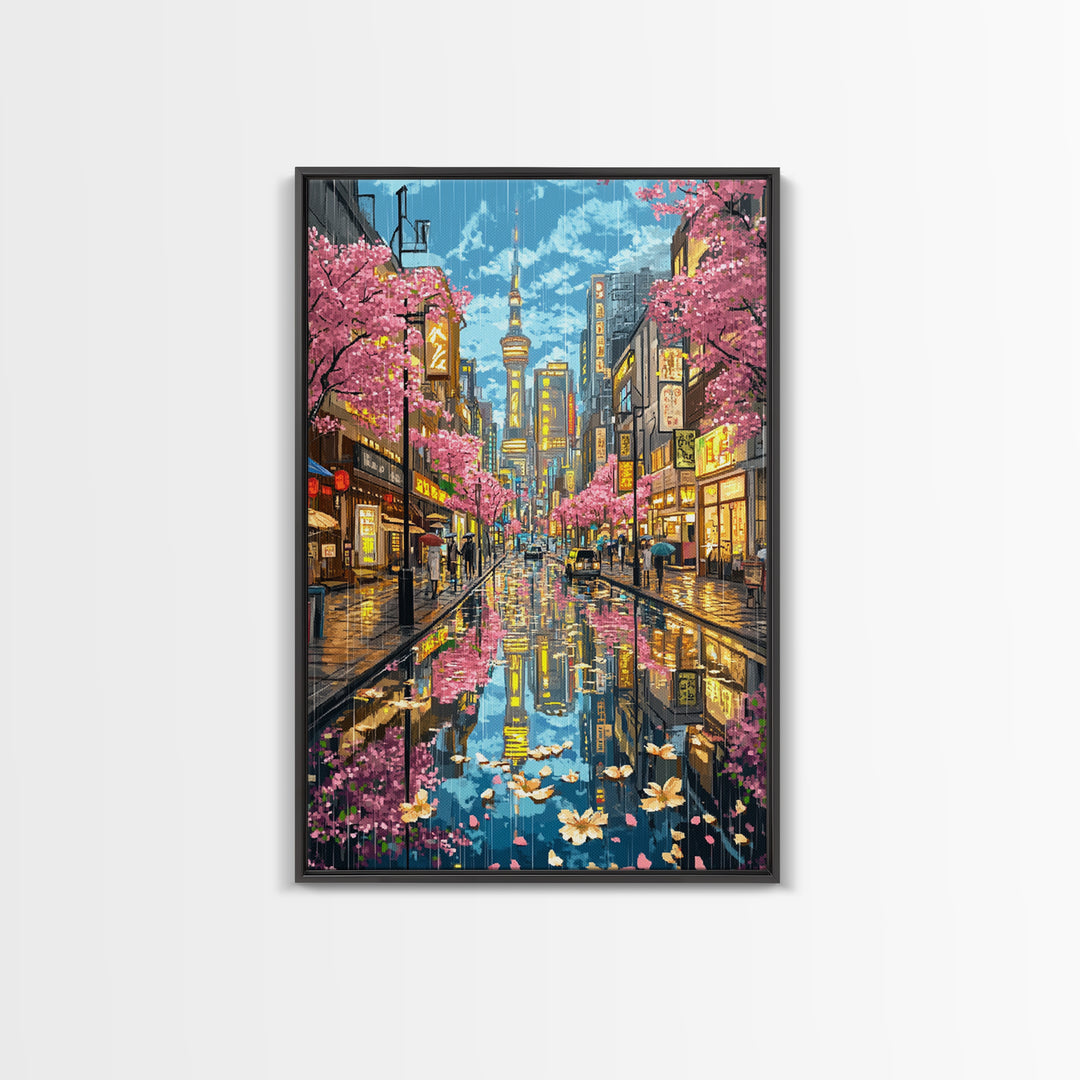 Rainy Tokyo Cherry Blossom Street Wall Art, Japanese Cityscape Print, Neon Urban Travel Poster, Modern Living Room Decor
