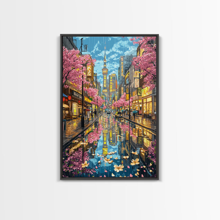 Rainy Tokyo Cherry Blossom Street Wall Art, Japanese Cityscape Print, Neon Urban Travel Poster, Modern Living Room Decor