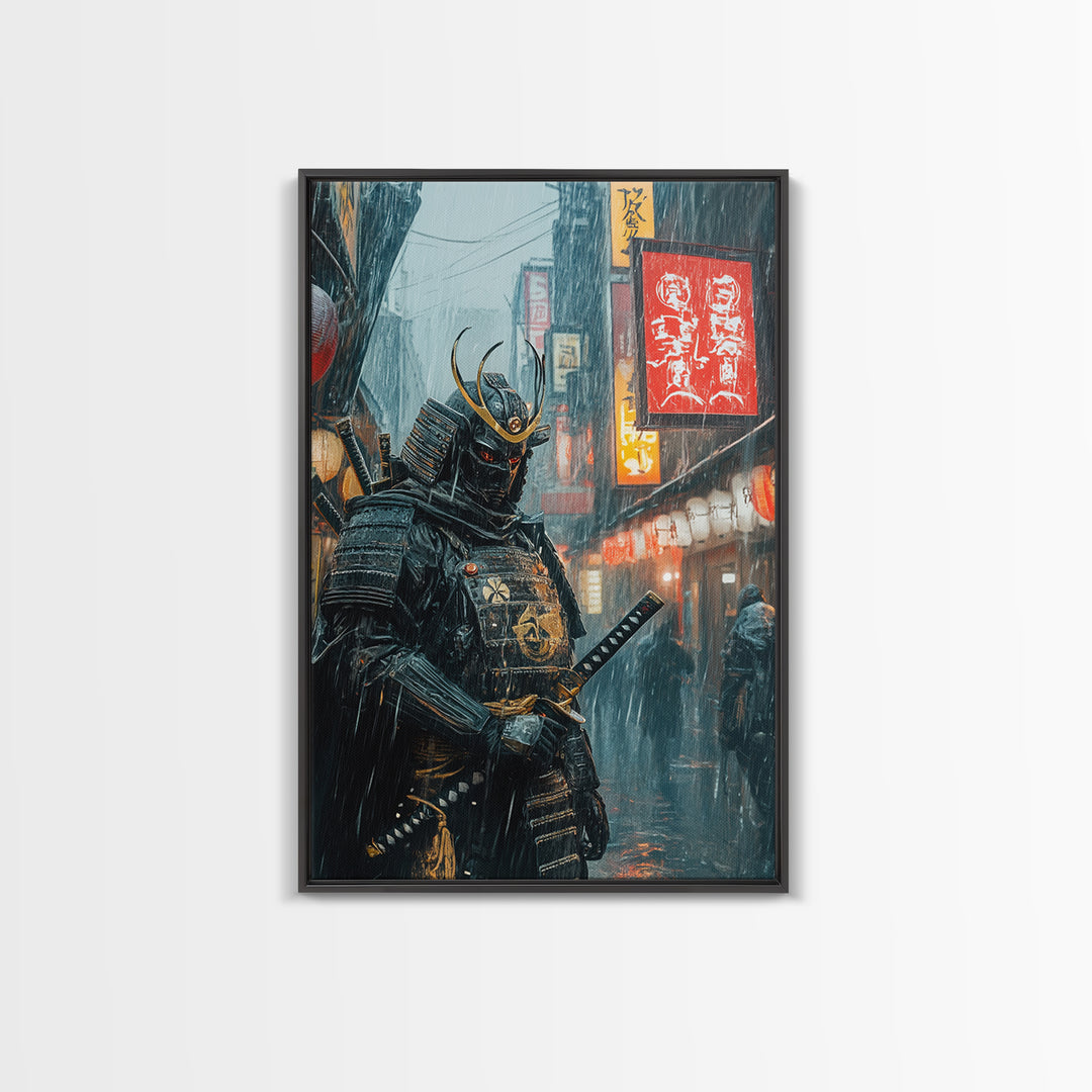Armored Samurai In Rainy Neon Alley Canvas Print, Japanese Warrior Wall Art, Cyberpunk Decor, Dramatic Office Poster Gift For Him