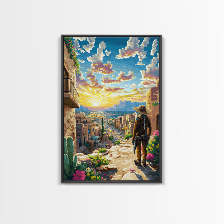 Sunset Adobe Desert Town Cowboy Wall Art, Southwestern Landscape Print, Western Home Decor, Colorful Travel Poster, Housewarming Gift