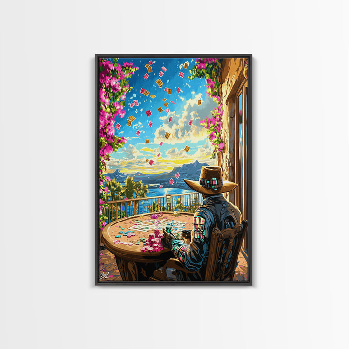 Cyber Cowboy Poker Terrace Wall Art, Southwestern Desert Canvas Print, Futuristic Western Decor, Game Room Unique Gift For Him