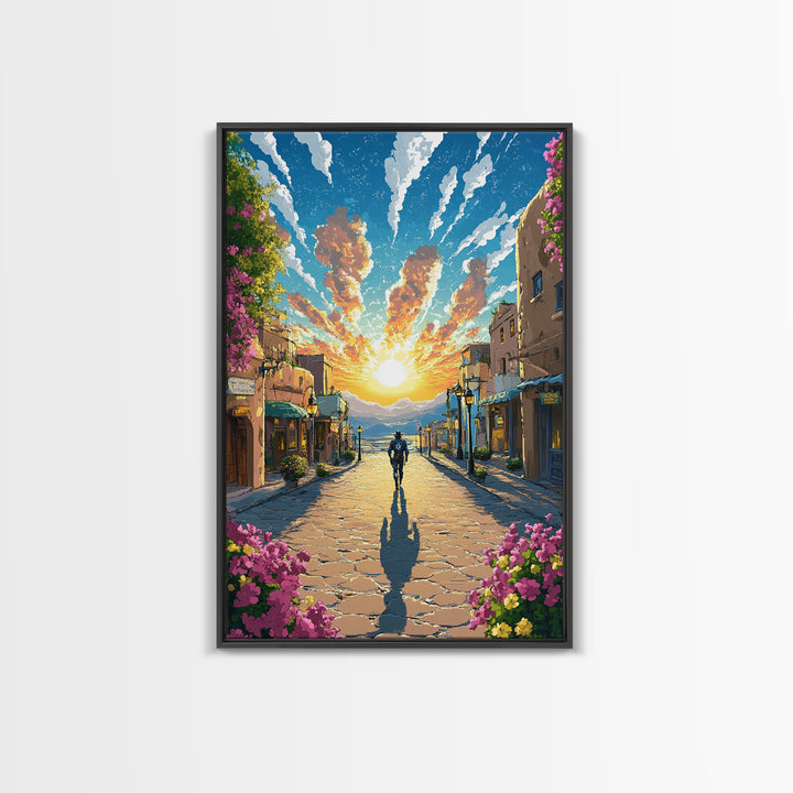 Golden Sunrise Cobblestone Village Wall Art, Mediterranean Landscape Print, Travel Poster, Warm Entryway Home Decor, Living Room Decor