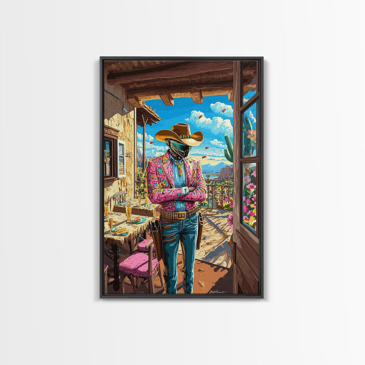 Floral Jacket Cyber Cowboy Portrait Wall Art, Futuristic Western Canvas Print, Desert Fashion Poster, Bold Maximalist Decor