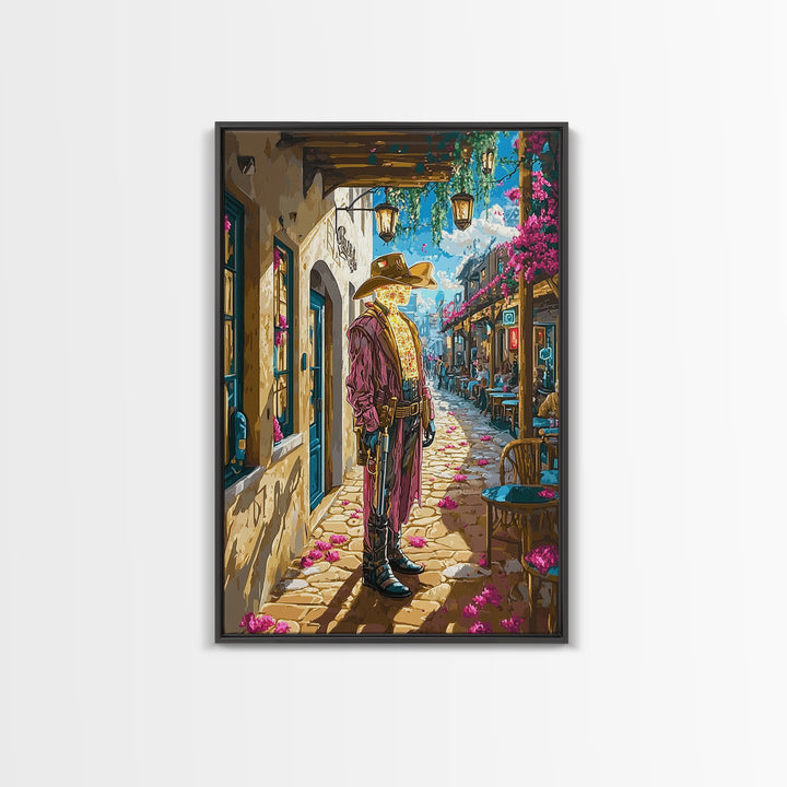 Cyber Western Cowboy In Sunlit Old Town Wall Art, Southwestern Travel Poster, Futuristic Canvas Print, Eclectic Home Decor