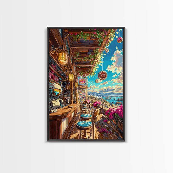 Seaside Sci Fi Cafe Balcony At Golden Hour Framed Canvas Print, Coastal Wall Art, Travel Poster, Living Room Ocean View Home Decor