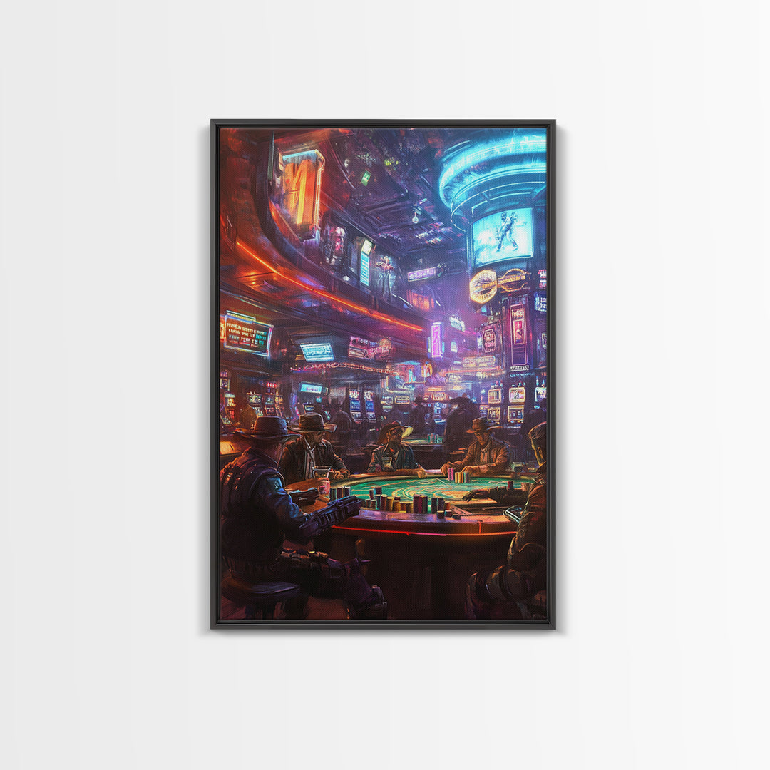 Neon Cyberpunk Poker Room With Outlaws Canvas Print, Futuristic Wall Art, Casino Poster, Man Cave And Game Room Decor For Him Gift