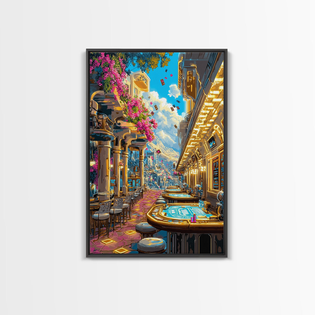 Futuristic Flower Lined Casino Street Canvas Print, Colorful Wall Art, Sci Fi City Travel Poster, Modern Living Room Decor