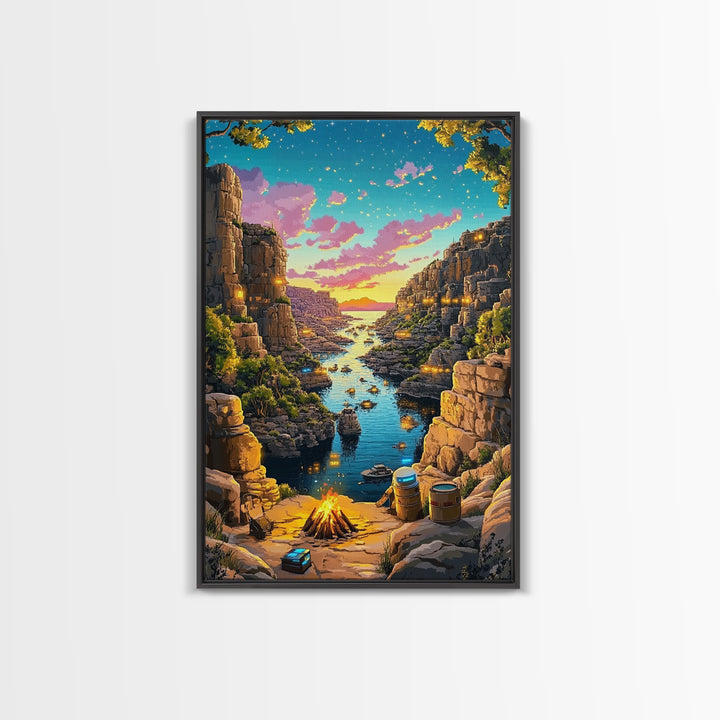 Starry Canyon River Camp At Sunset Canvas Print, Fantasy Wall Art, Adventure Landscape, Rustic Cabin And Game Room Decor