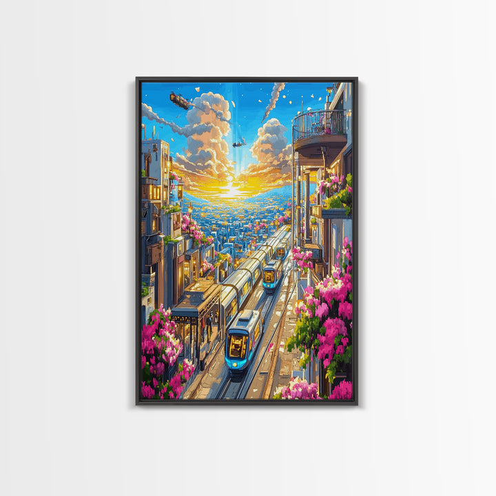 Sunset City Train Tracks With Flower Balconies Canvas Print, Futuristic Wall Art, Urban Travel Poster, Modern Home Decor