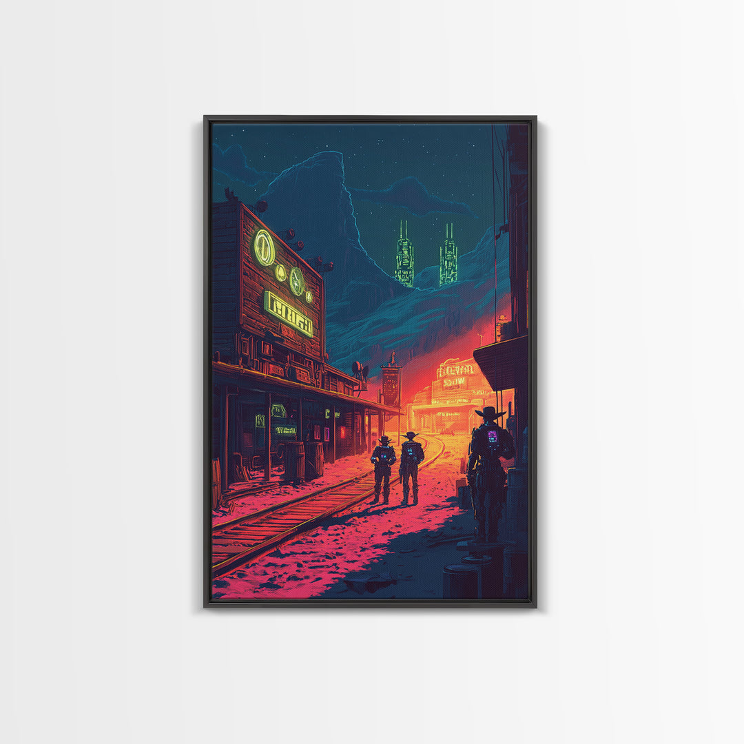 Neon Frontier Street With Cowboys Canvas Print, Cyberpunk Western Wall Art, Sci Fi Poster, Man Cave Gaming Room Decor Gift For Him