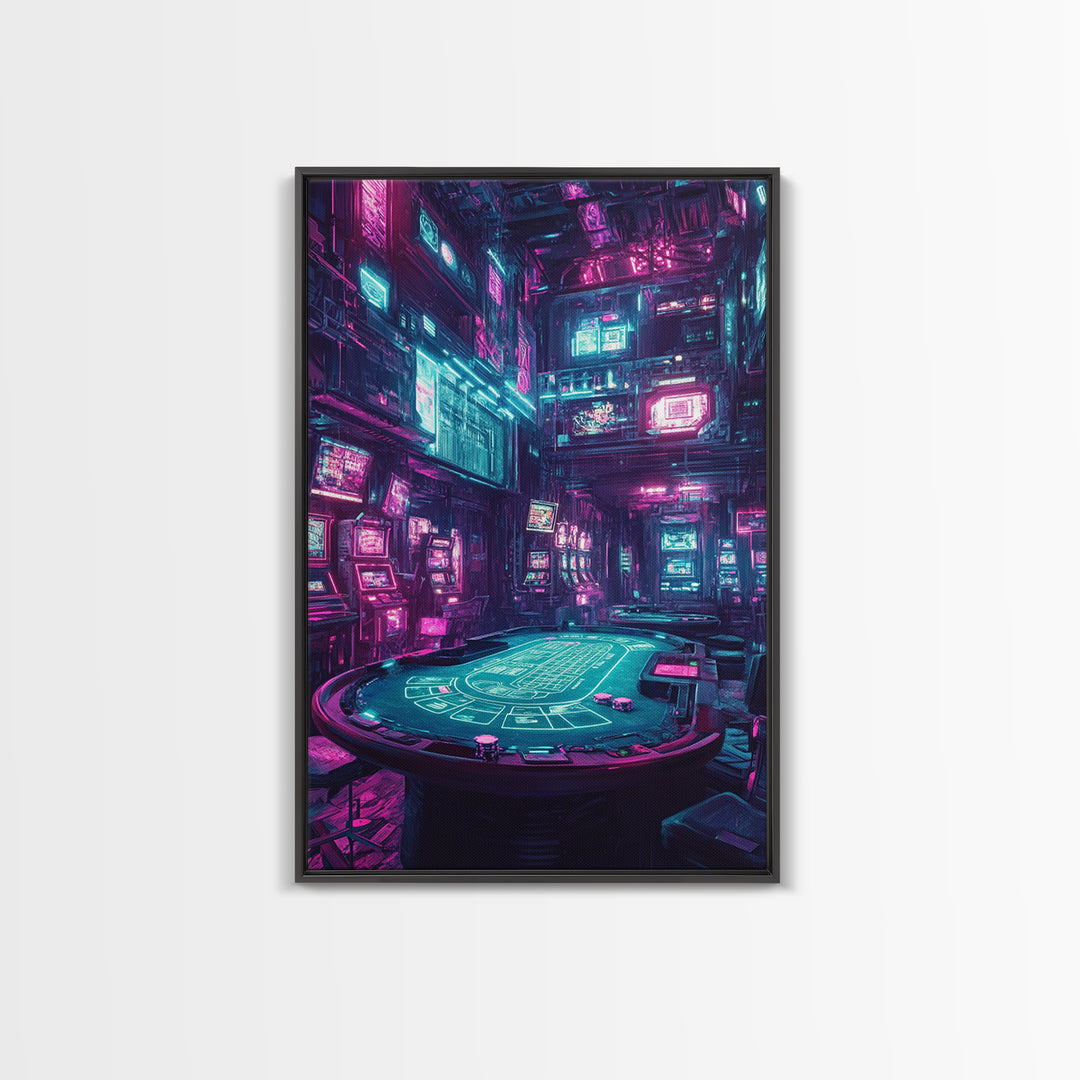 Cyberpunk Neon Casino Poker Room Wall Art, Futuristic Gaming Room Decor, Sci Fi Poster, Vaporwave Home Decor Print For Man Cave