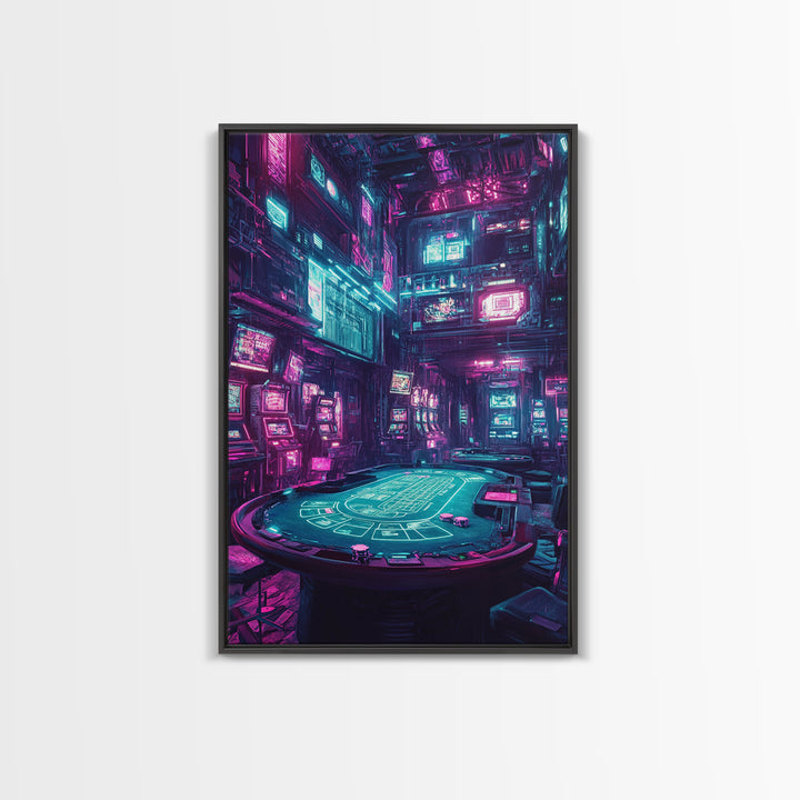 Cyberpunk Neon Casino Poker Room Wall Art, Futuristic Gaming Room Decor, Sci Fi Poster, Vaporwave Home Decor Print For Man Cave