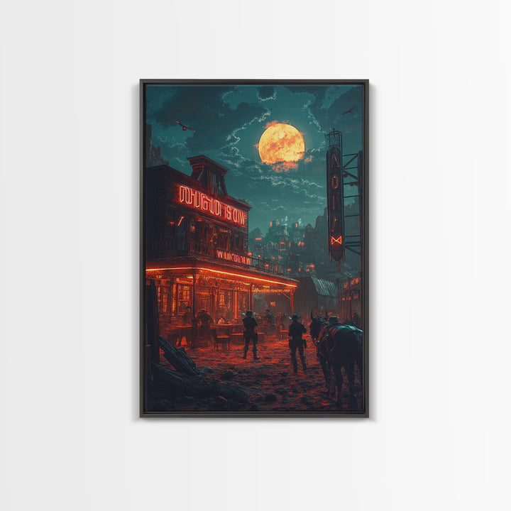 Dark Western Saloon Moon Wall Art, Moody Cowboy Canvas Print, Gothic Rustic Decor, Southwestern Poster For Man Cave Living Room Decor