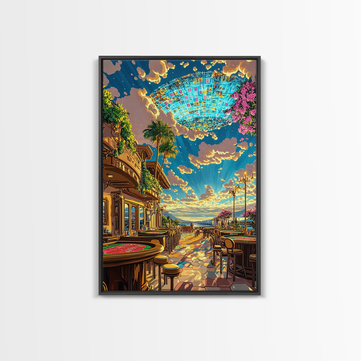 Coastal Casino Terrace UFO Canvas Print, Futuristic Travel Poster, Vibrant Coastal Wall Art, Maximalist Home Decor For Living Room