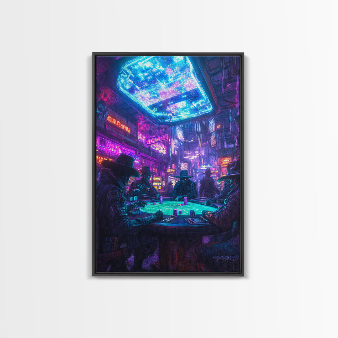 Cyberpunk Western Poker Game Wall Art, Neon Cowboy Canvas Print, Sci Fi Saloon Decor, Futuristic Man Cave Poster For Gaming Room Decor