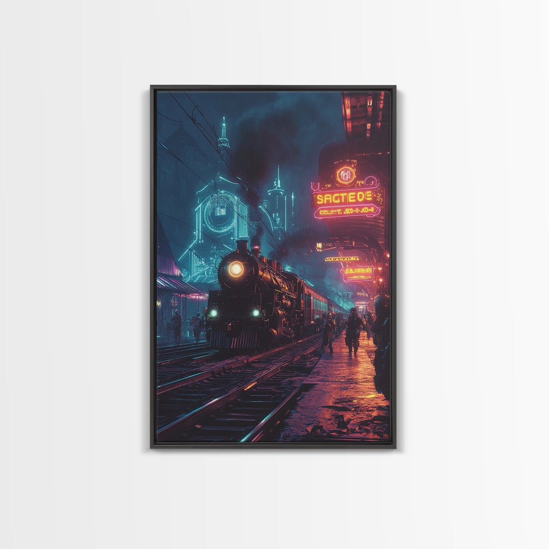 Neon Cyberpunk Steam Train Station Canvas Print, Futuristic Cityscape Wall Art, Sci Fi Decor, Gamer Room, Gift For Him, Modern Home Decor