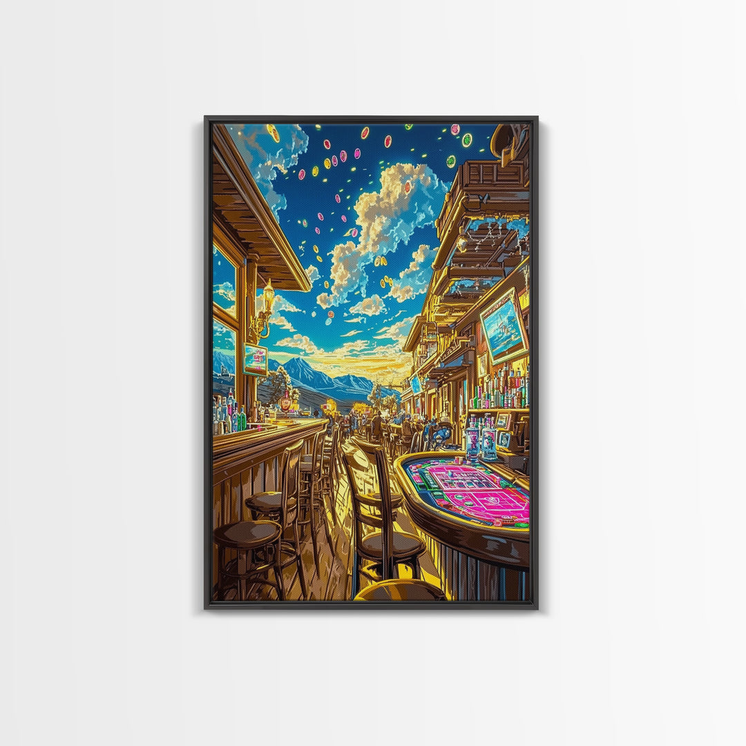 Sunlit Mountain Casino Bar Canvas Print, Colorful Western Wall Art, Game Room Decor, Man Cave Poster, Housewarming Gift Idea