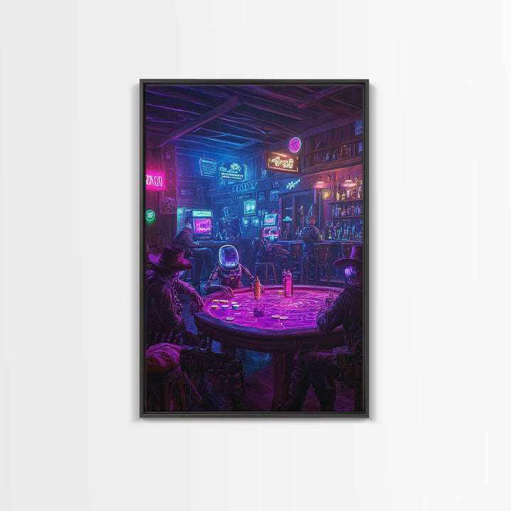 Neon Cyberpunk Poker Saloon Wall Art, Futuristic Western Canvas Print, Man Cave Decor, Game Room Art, Sci Fi Gift For Him
