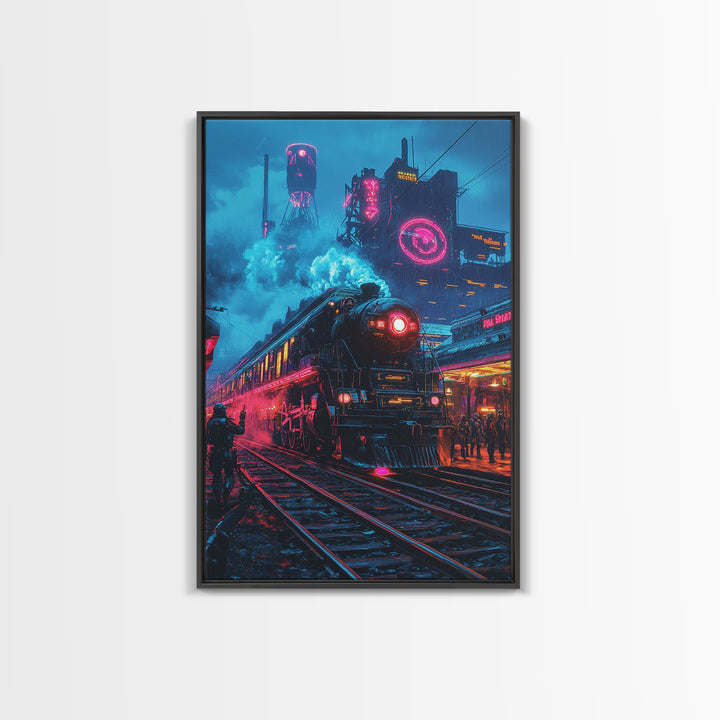 Neon Dystopian Steam Train Canvas Print, Cyberpunk City Wall Art, Futuristic Decor, Sci Fi Poster, Gaming Room Gift For Him