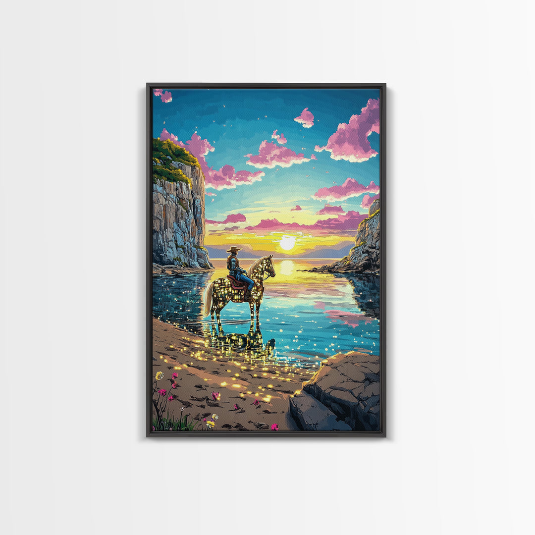 Glowing Cowgirl Horse On Sunset Cove Canvas Print, Western Wall Art, Coastal Decor, Romantic Bedroom Art, Unique Gift For Her