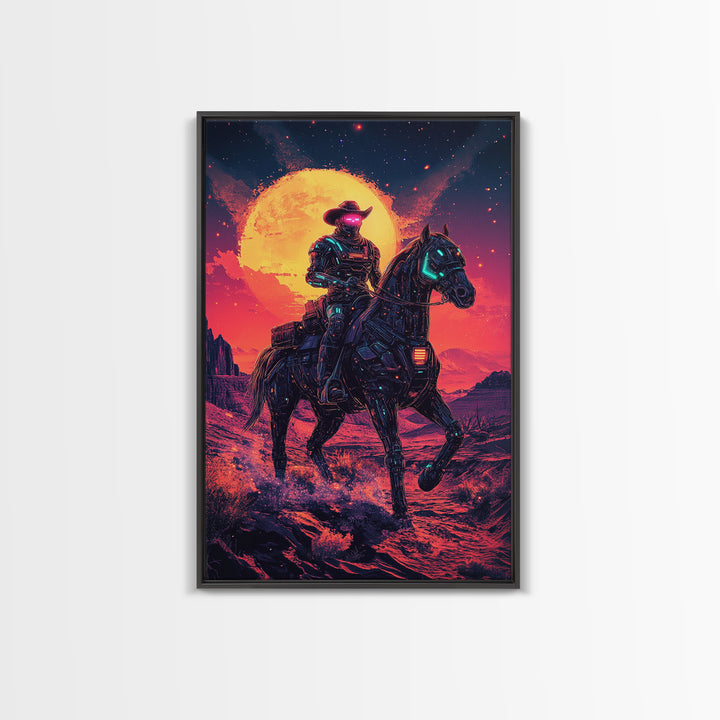Cyberpunk Cowboy On Robotic Horse Canvas Print, Neon Western Wall Art, Futuristic Desert Decor, Sci Fi Poster, Gift For Him
