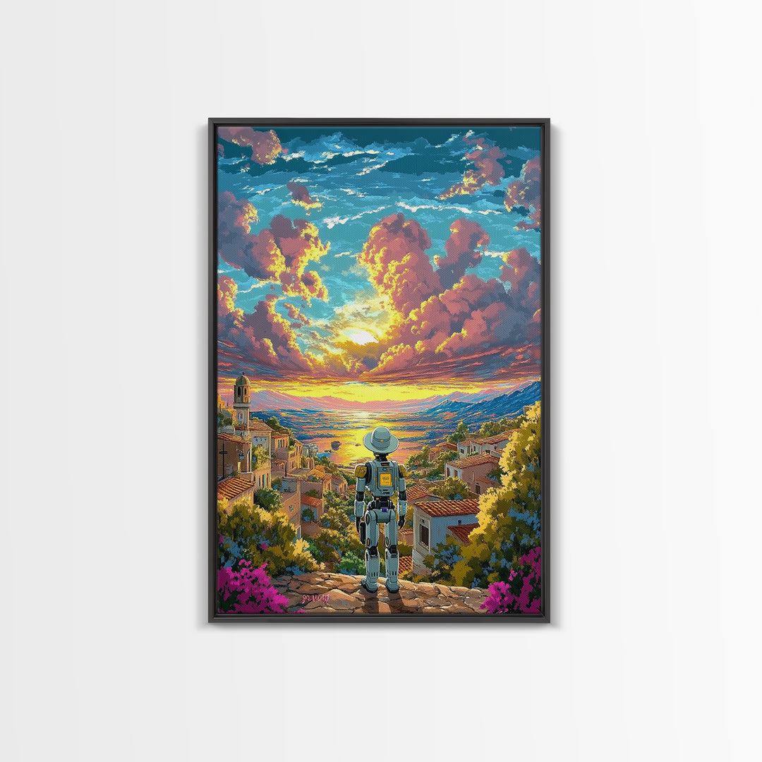 Robot Traveler Above Coastal Village Sunset Framed Canvas Print, Mediterranean Wall Art, Modern Landscape Decor, Living Room Art