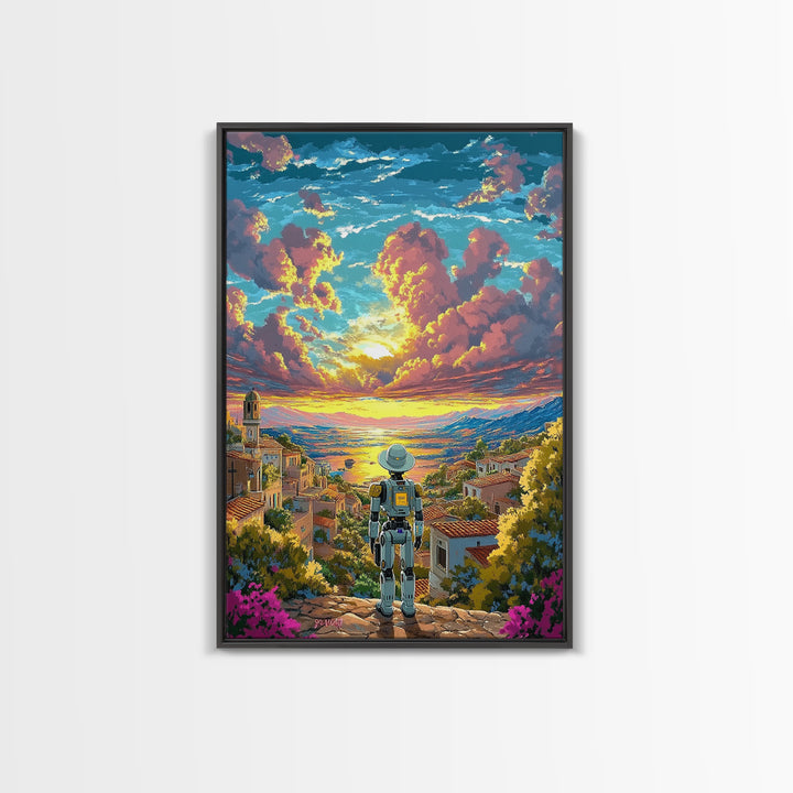 Robot Traveler Above Coastal Village Sunset Framed Canvas Print, Mediterranean Wall Art, Modern Landscape Decor, Living Room Art