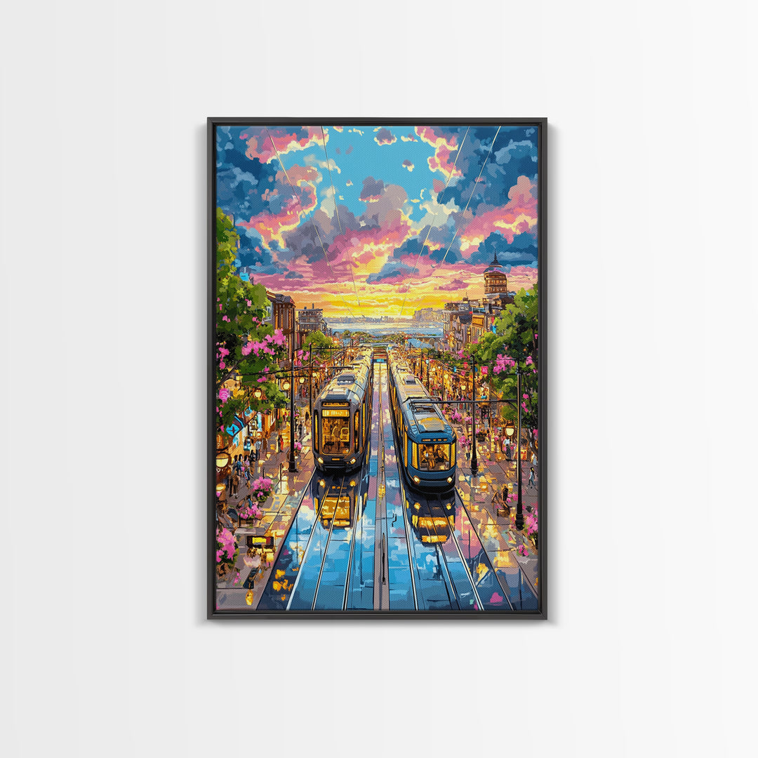 Colorful Tram Street At Sunset Canvas Print, Urban Landscape Wall Art, City Travel Poster, Eclectic Living Room Home Decor