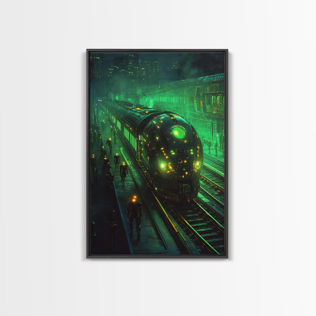 Glowing Green Futuristic Train Station Wall Art, Cyberpunk Railway Canvas, Dark Sci Fi Cityscape Office Decor, Gaming Room Art