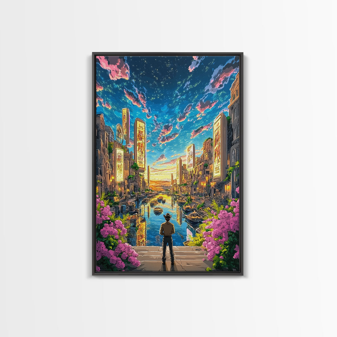 Cowboy Overlooking Neon Canal City At Dusk Wall Art, Futuristic Western Travel Poster, Colorful Urban Home Decor, Living Room Art