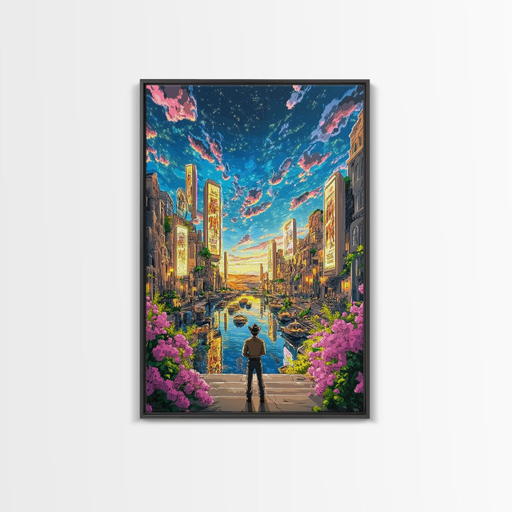 Cowboy Overlooking Neon Canal City At Dusk Wall Art, Futuristic Western Travel Poster, Colorful Urban Home Decor, Living Room Art