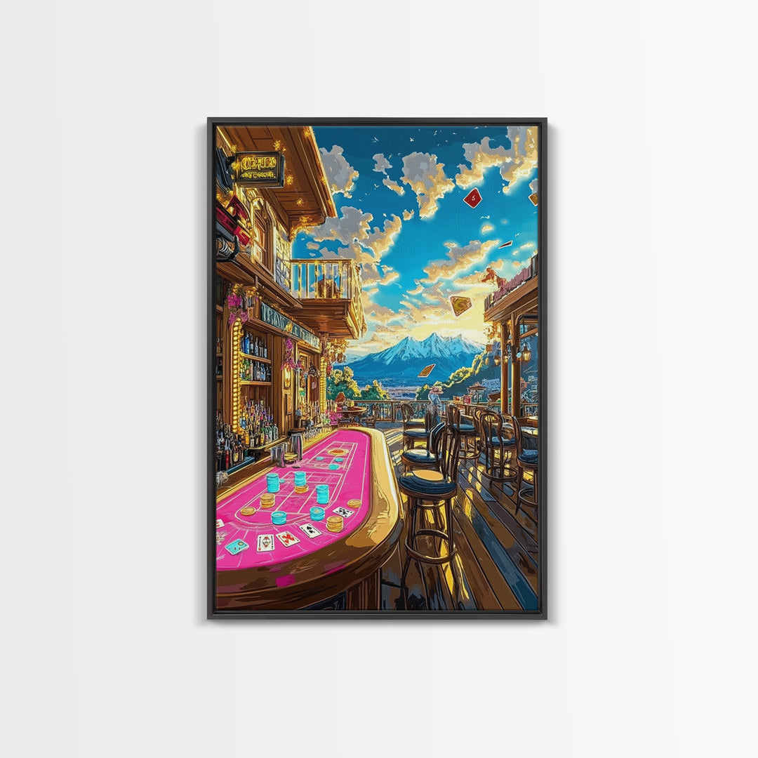 Mountain Casino Bar With Poker Table Canvas Print, Game Room Wall Art, Speakeasy Decor, Home Bar Decor, Man Cave Gift For Him