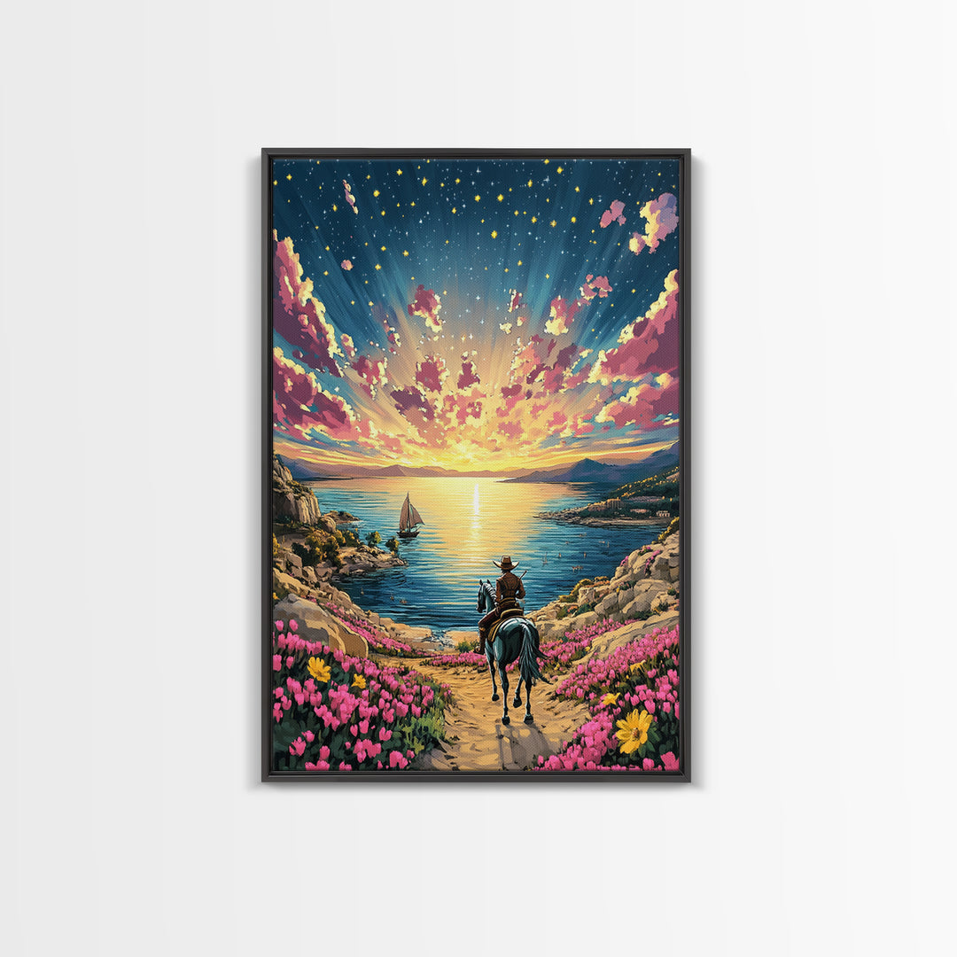 Sunset Cowboy Horse By Flowered Sea Cove Wall Art, Western Coastal Landscape Canvas Print, Beach House Living Room Decor Gift
