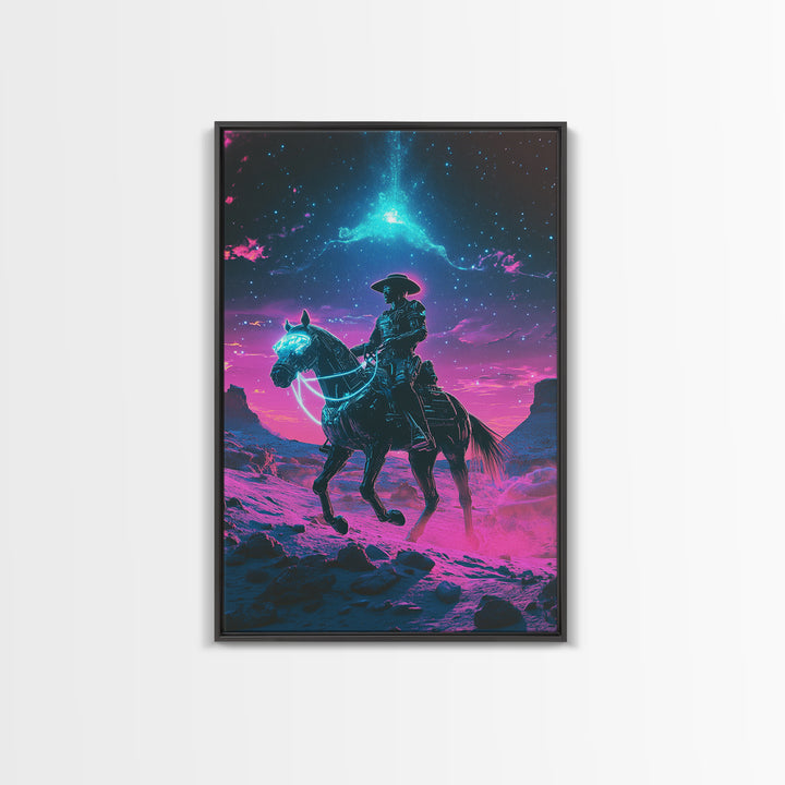 Neon Cosmic Cowboy On Glowing Horse Wall Art, Futuristic Western Desert Canvas Print, Sci Fi Space Decor For Gamers Gift