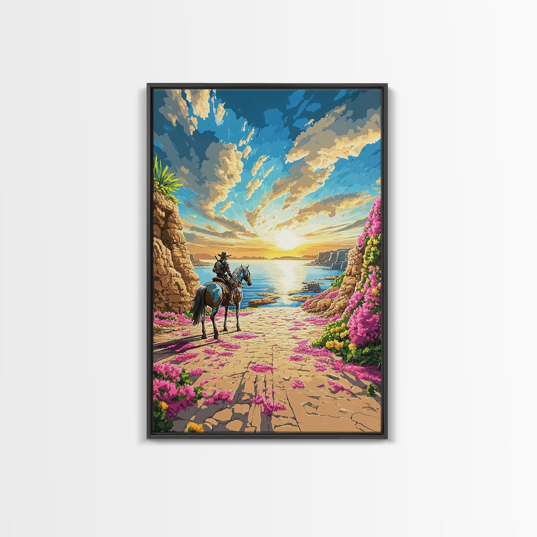 Western Rider On Coastal Flower Path Wall Art, Sunset Seascape Landscape Framed Canvas Print, Beach House Decor Gift Idea