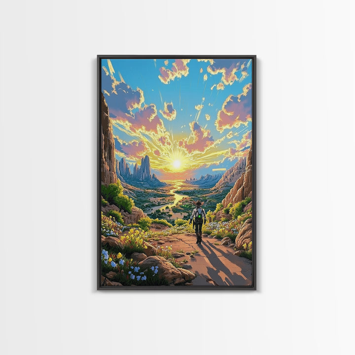 Lone Cowboy Walking Through Blooming Canyon Wall Art, Western Desert Landscape Canvas Print, Southwest Home Decor Gift For Him