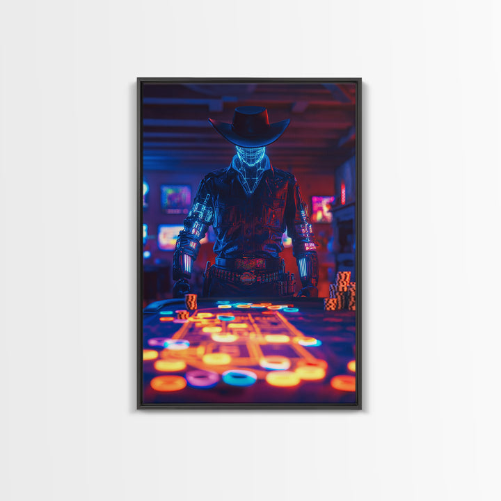 Glowing Robot Cowboy At Neon Poker Table Wall Art, Futuristic Casino Canvas Print, Gaming Room Man Cave Decor Gift For Him