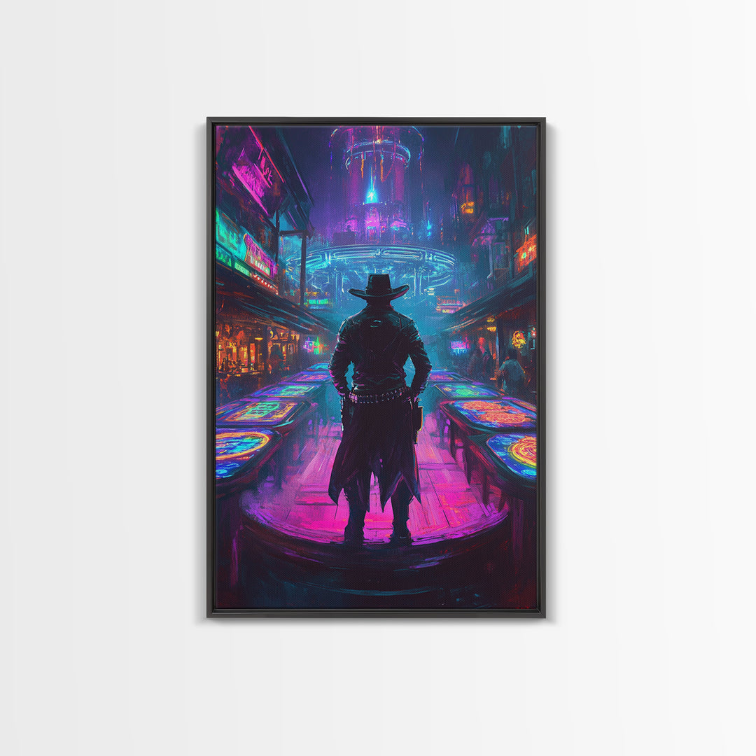 Cyber Cowboy In Neon Futuristic City Wall Art, Dystopian Western Street Canvas Print, Sci Fi Gaming Room Decor Gift For Him