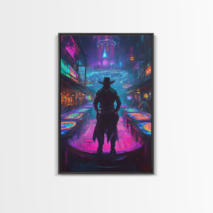 Cyber Cowboy In Neon Futuristic City Wall Art, Dystopian Western Street Canvas Print, Sci Fi Gaming Room Decor Gift For Him