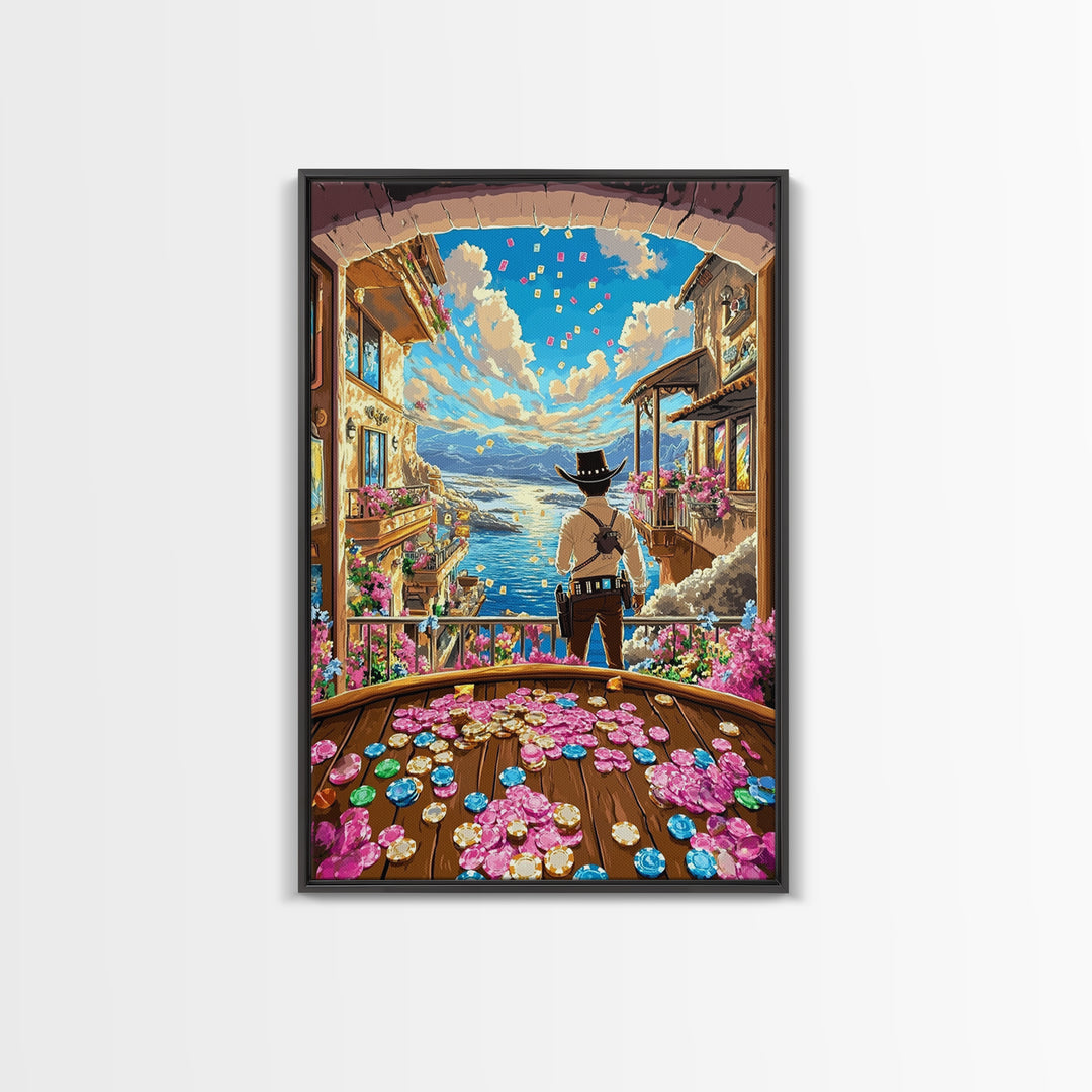 Cowboy Overlooking Coastal Village And Poker Coins Wall Art, Whimsical Western Canvas Print, Beach House Decor Gift For Her