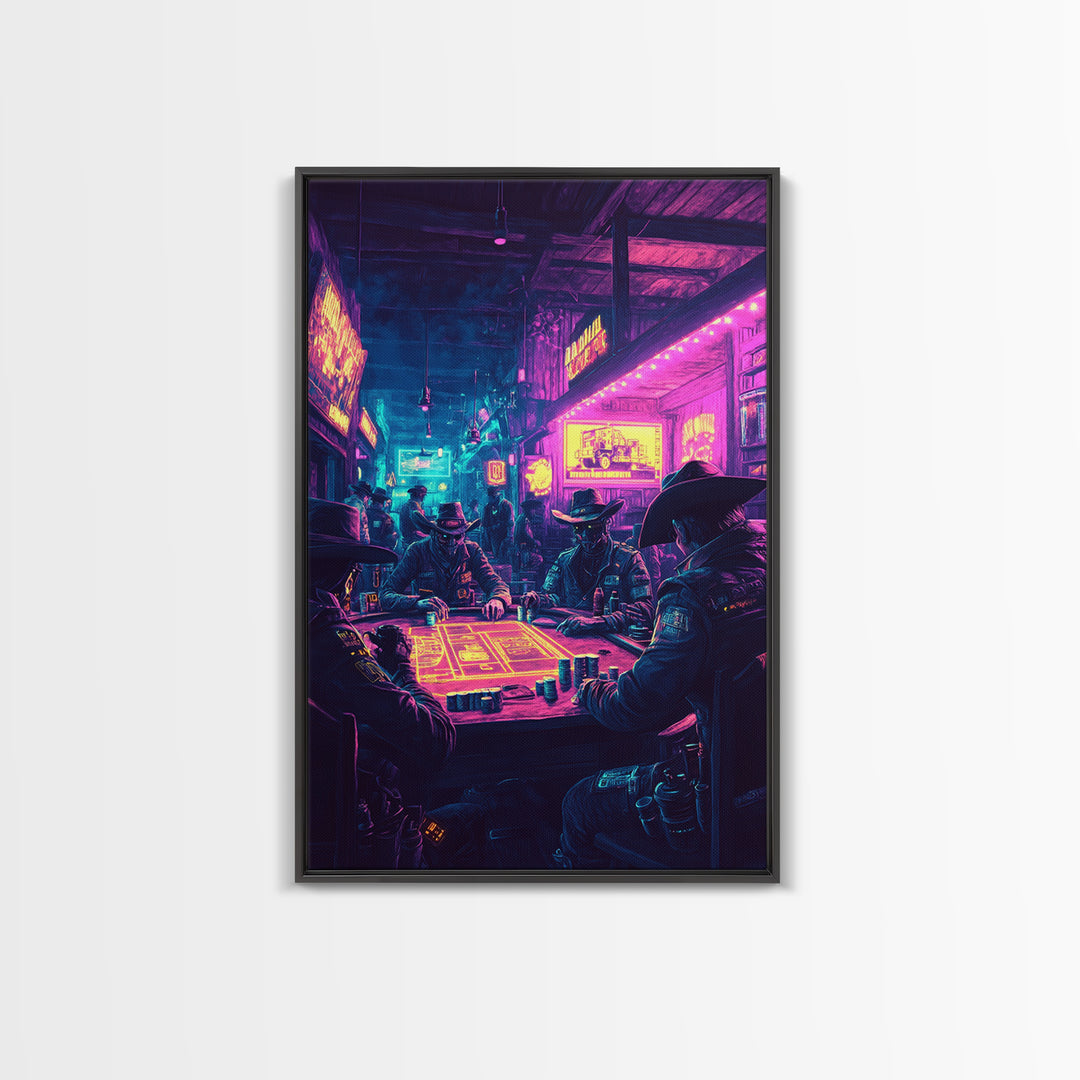 Neon Cyberpunk Cowboy Poker Wall Art, Futuristic Western Decor, Gaming Room Art, Man Cave Decor, Sci Fi Canvas Print, Gift For Him