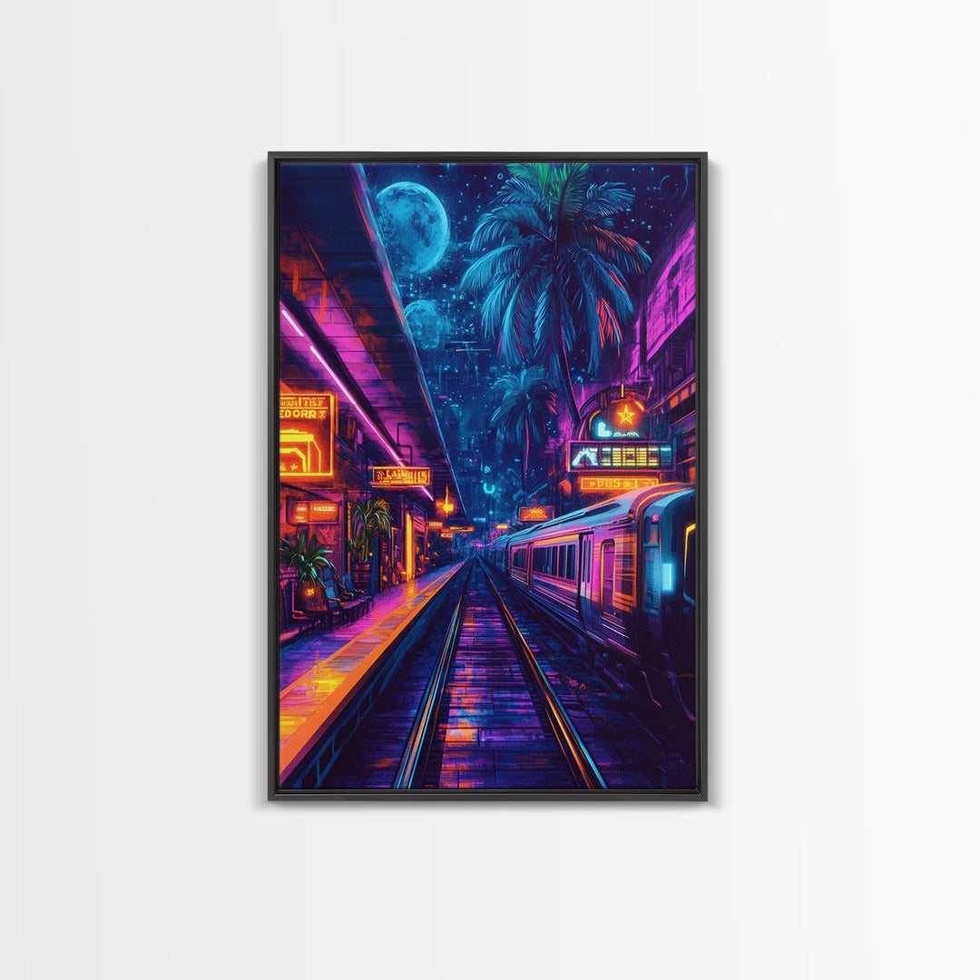 Neon Tropical Cyberpunk Train Wall Art, Futuristic Cityscape Art, Vaporwave Decor, Gaming Room Art, Large Sci Fi Canvas Print