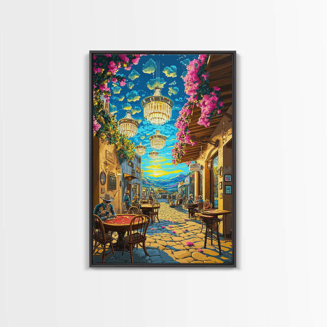 Chandelier Lit Mediterranean Cafe Wall Art, Colorful Travel Poster, Coastal Decor, Dining Room Print, Framed Canvas Print