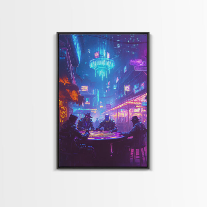 Cyberpunk Poker Table Under Neon Wall Art, Futuristic City Decor, Sci Fi Poster, Gaming Room Art, Man Cave Decor, Large Canvas Print
