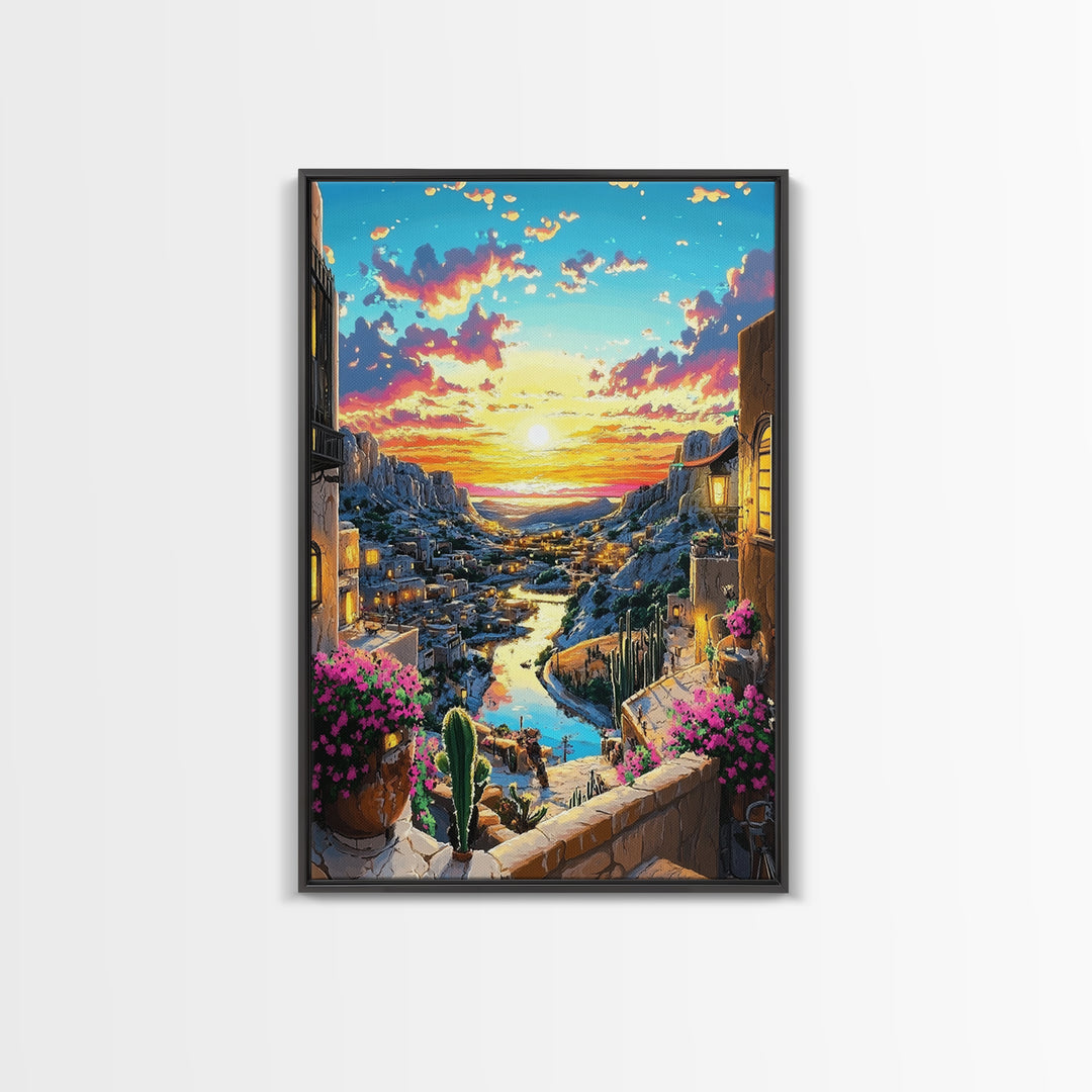 Sunset Canyon Village And River Wall Art, Mediterranean Landscape Print, Coastal Home Decor, Colorful Art, Large Canvas Print