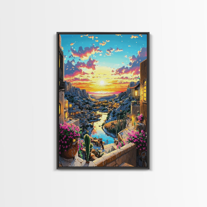 Sunset Canyon Village And River Wall Art, Mediterranean Landscape Print, Coastal Home Decor, Colorful Art, Large Canvas Print