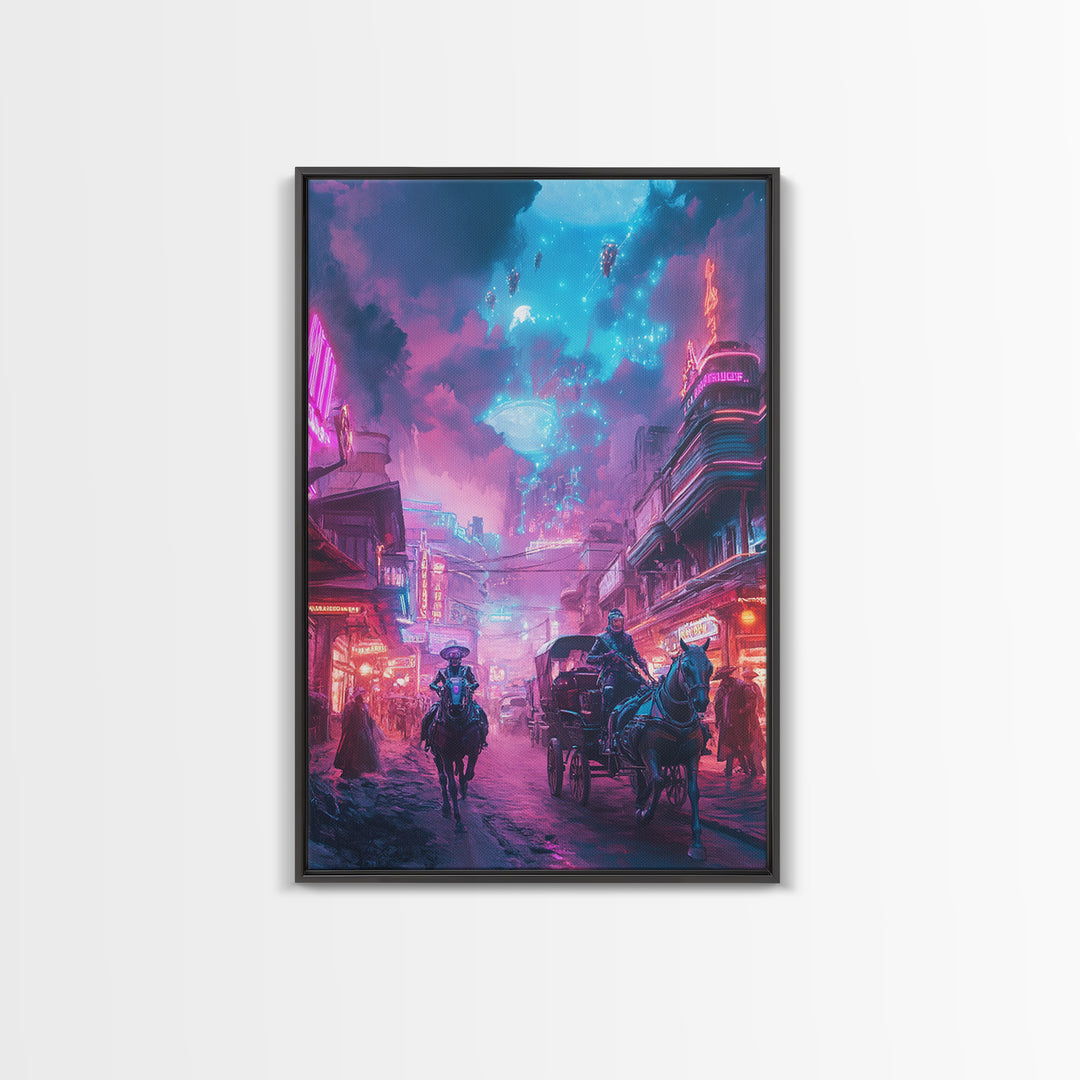 Neon Cyberpunk Horseback City Under Cosmic Sky Wall Art, Futuristic Sci Fi Poster, Gaming Room Decor, Vaporwave Home Decor