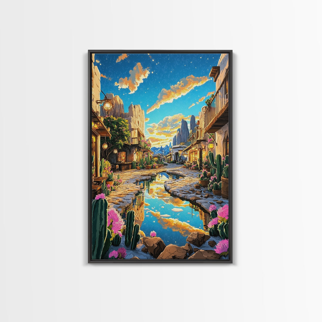 Sunlit Desert Village Street With Cactus And Mountains Canvas Print, Southwestern Wall Art, Boho Home Decor, Travel Poster